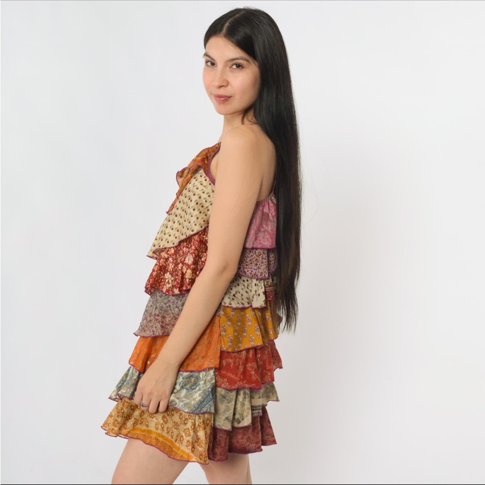 Silk Patchwork Dress One Shoulder Boho Ruffle Tiered Mini Asymmetrical patchwork - Picture 2 of 3